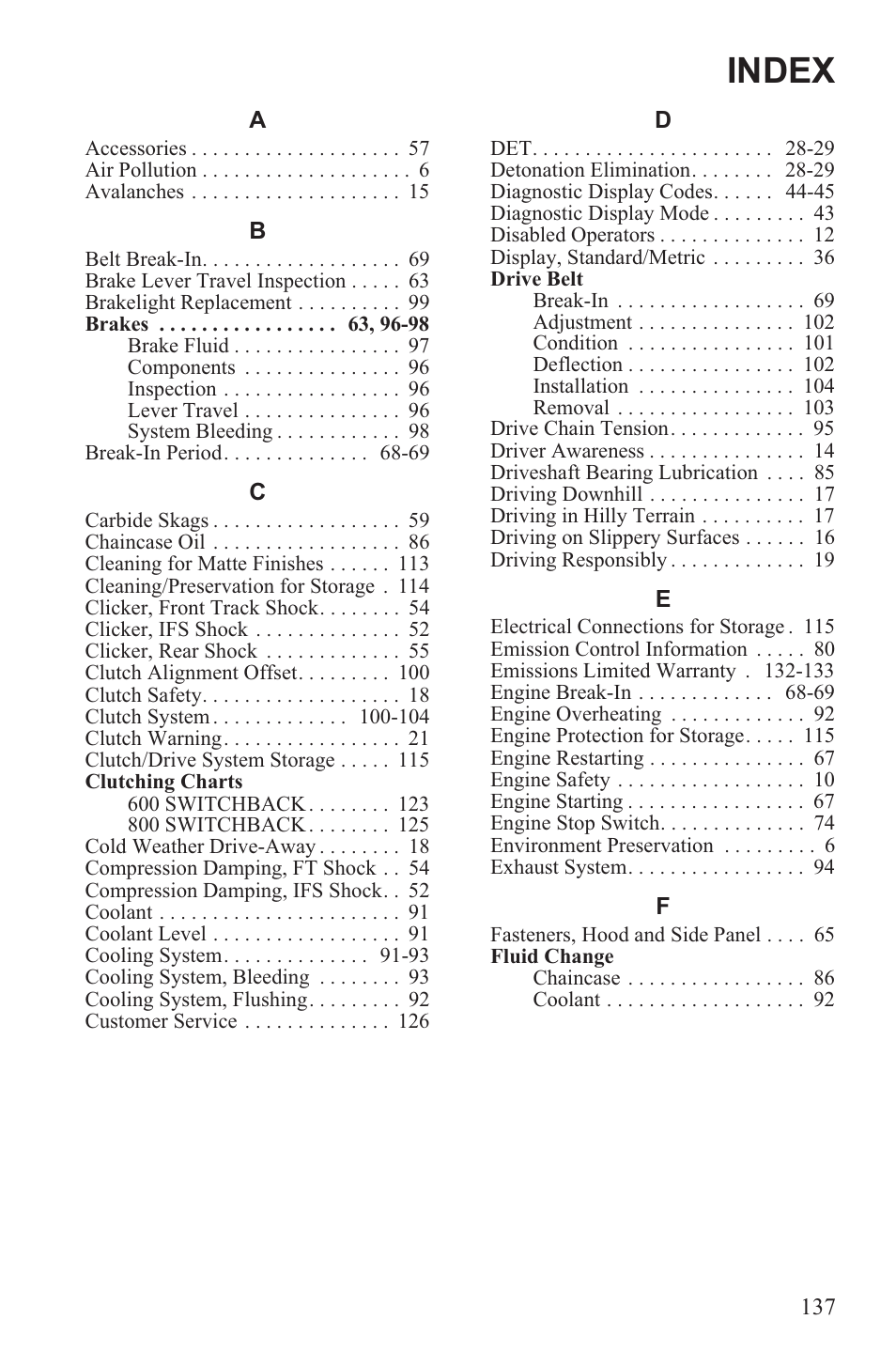 Index | Polaris 2013 600 Switchback User Manual | Page 141 / 143