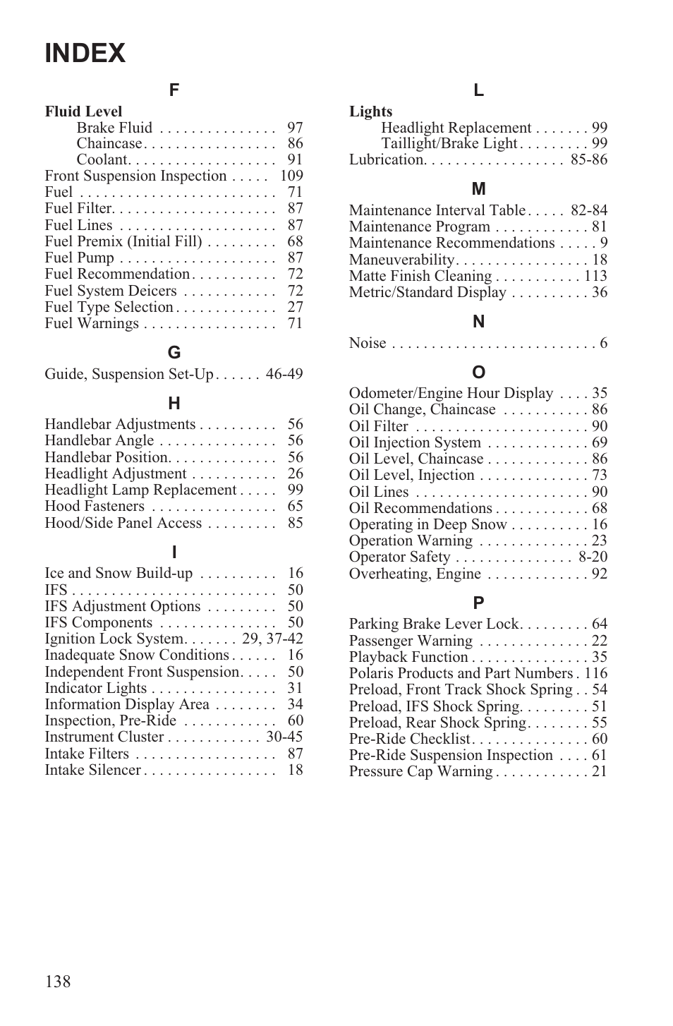 Index | Polaris 2013 600 Switchback User Manual | Page 142 / 143