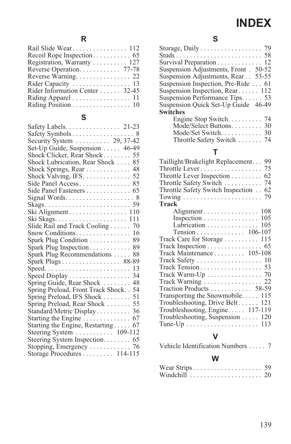 Index | Polaris 2013 600 Switchback User Manual | Page 143 / 143