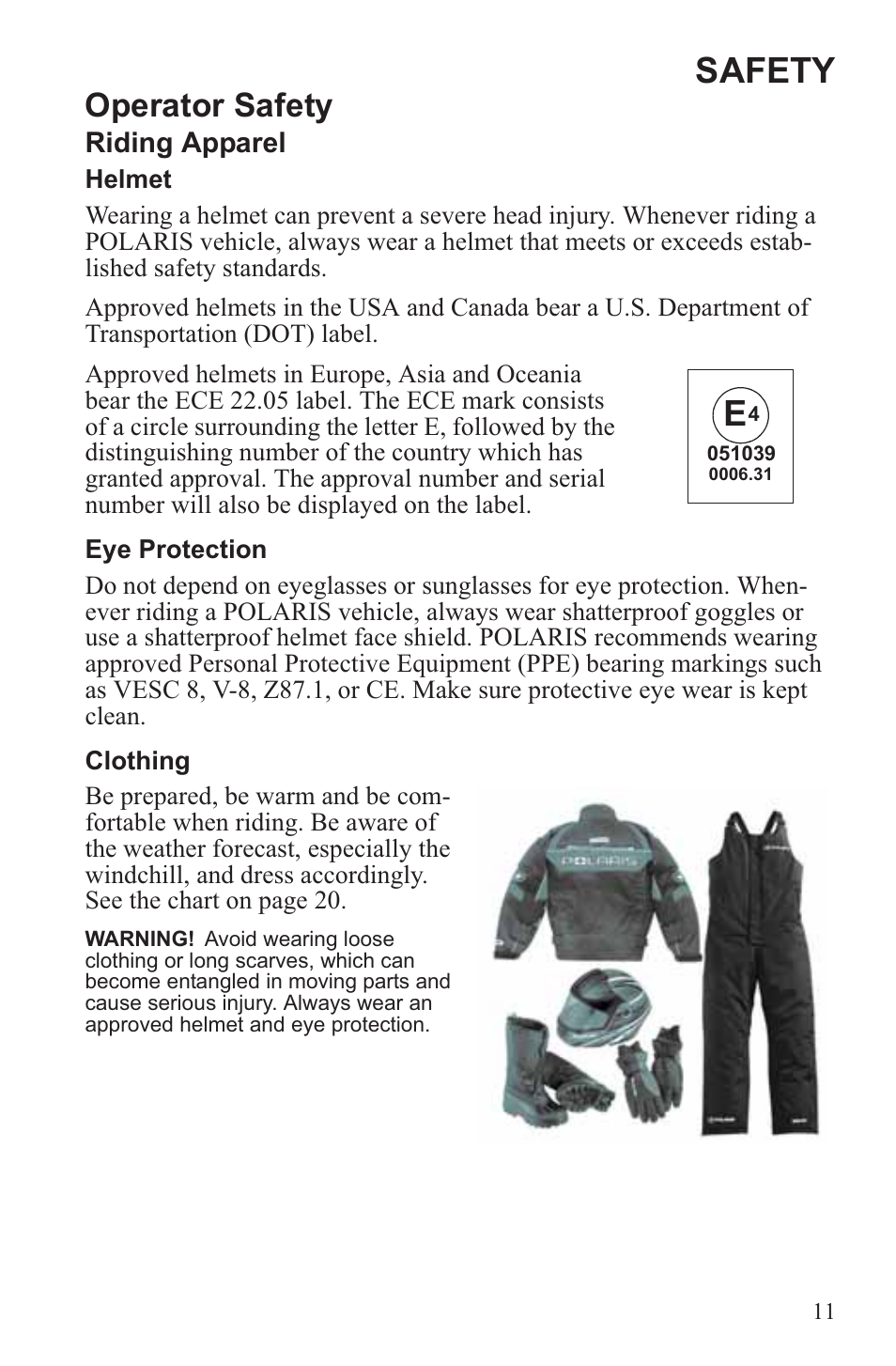 Safety, Operator safety | Polaris 2013 600 Switchback User Manual | Page 15 / 143