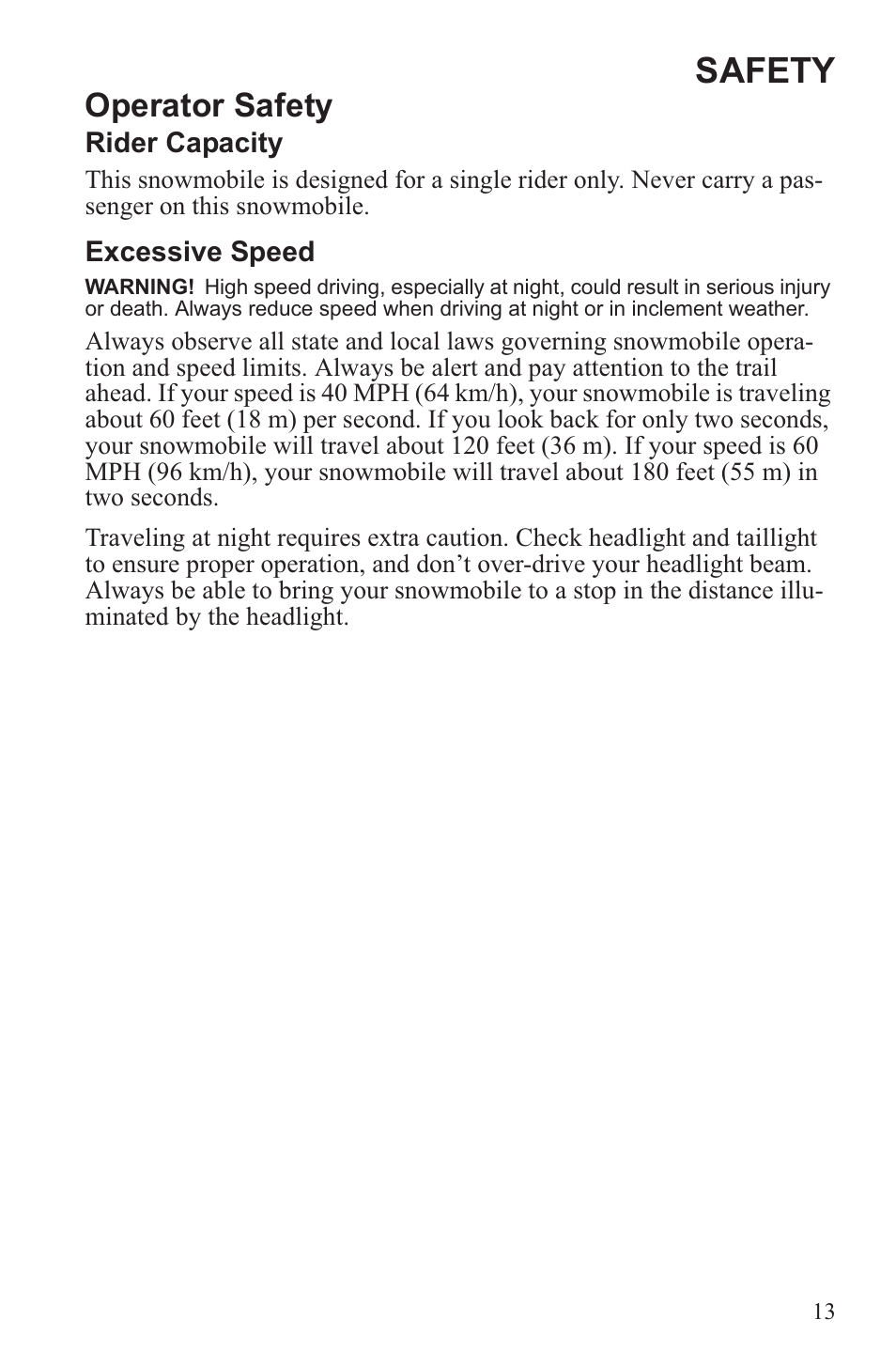 Safety, Operator safety | Polaris 2013 600 Switchback User Manual | Page 17 / 143