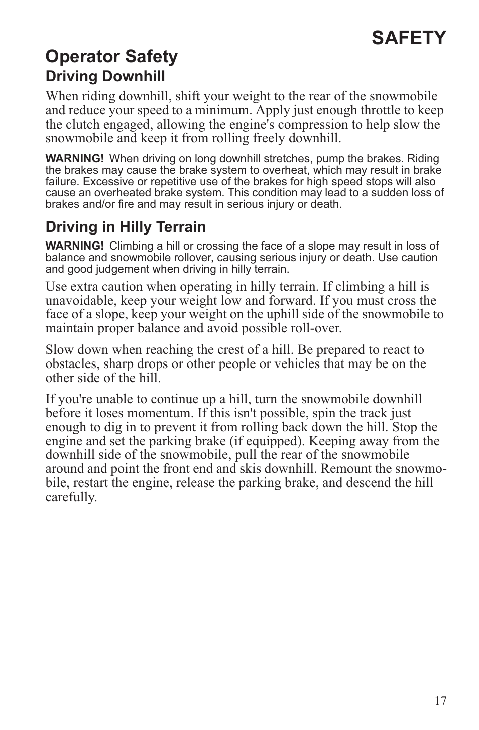 Safety, Operator safety | Polaris 2013 600 Switchback User Manual | Page 21 / 143