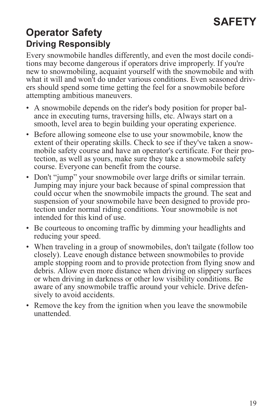 Safety, Operator safety | Polaris 2013 600 Switchback User Manual | Page 23 / 143