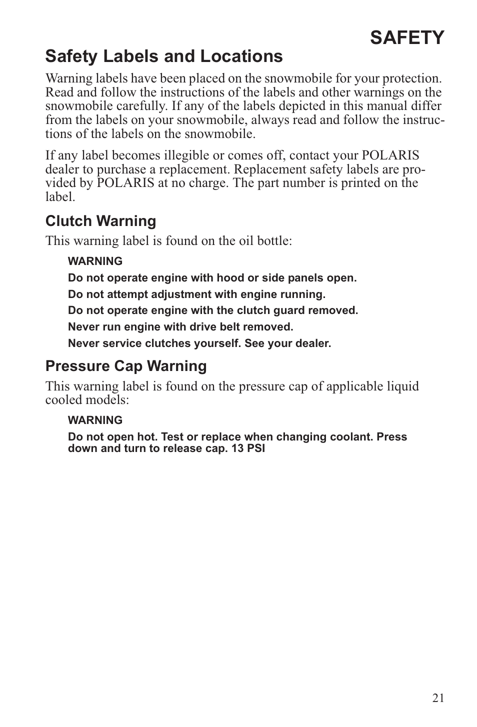 Safety, Safety labels and locations, Clutch warning | Pressure cap warning | Polaris 2013 600 Switchback User Manual | Page 25 / 143