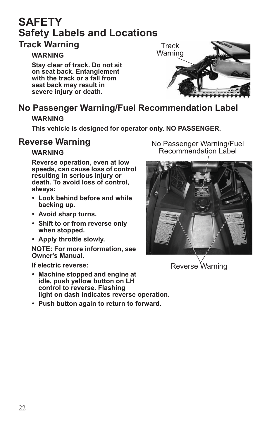 Safety, Safety labels and locations, Track warning | No passenger warning/fuel recommendation label, Reverse warning | Polaris 2013 600 Switchback User Manual | Page 26 / 143