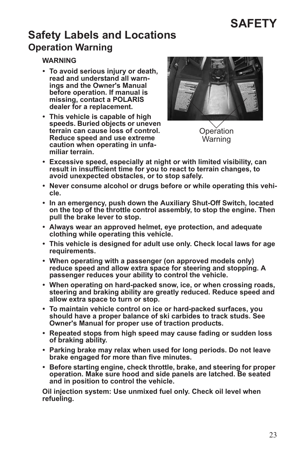 Safety, Safety labels and locations, Operation warning | Polaris 2013 600 Switchback User Manual | Page 27 / 143