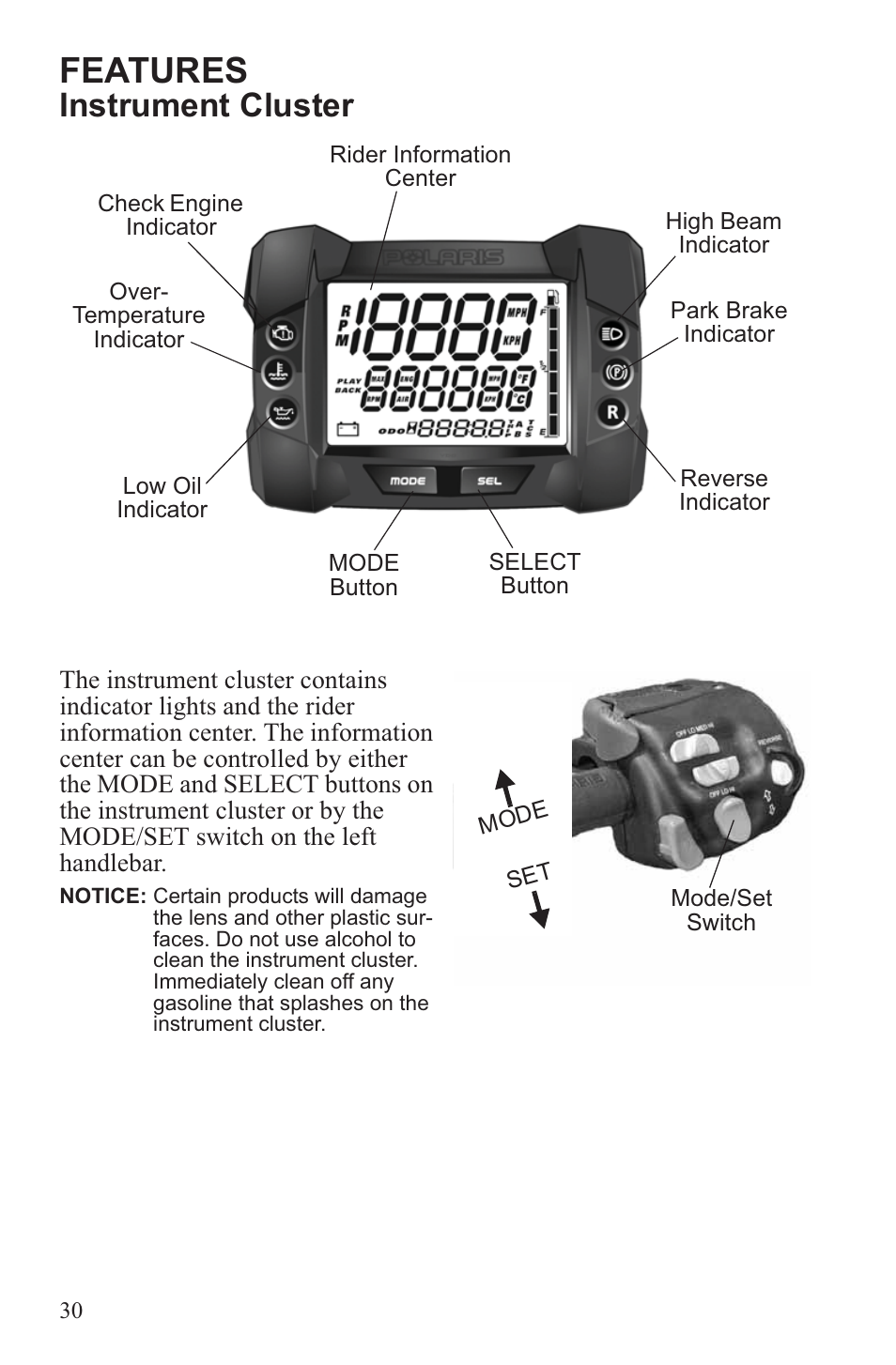 Features, Instrument cluster | Polaris 2013 600 Switchback User Manual | Page 34 / 143