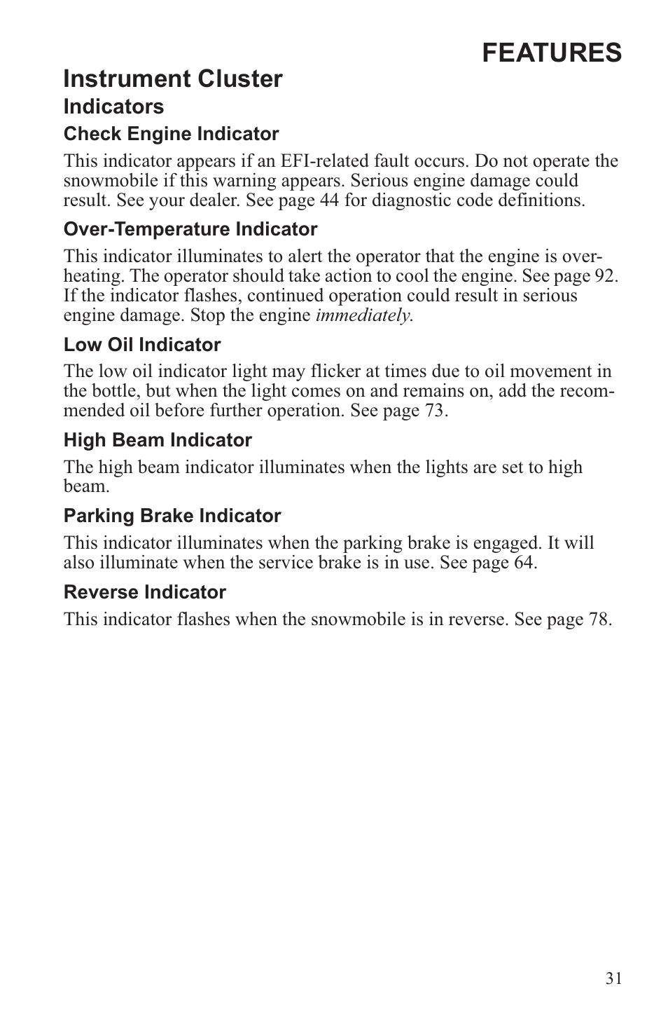 Features, Instrument cluster | Polaris 2013 600 Switchback User Manual | Page 35 / 143