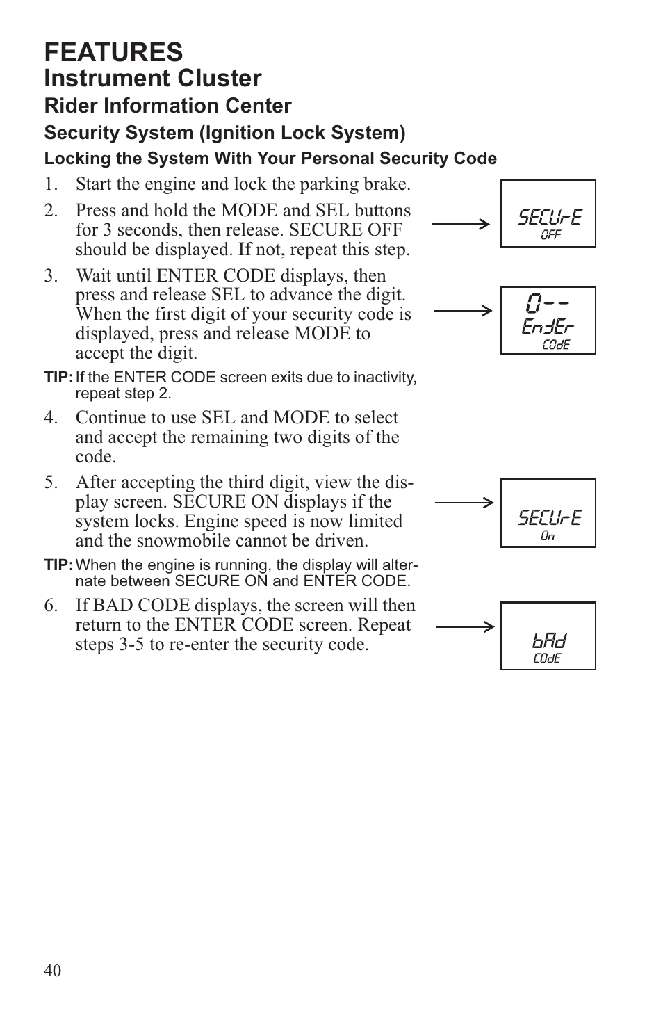 Features, Instrument cluster | Polaris 2013 600 Switchback User Manual | Page 44 / 143