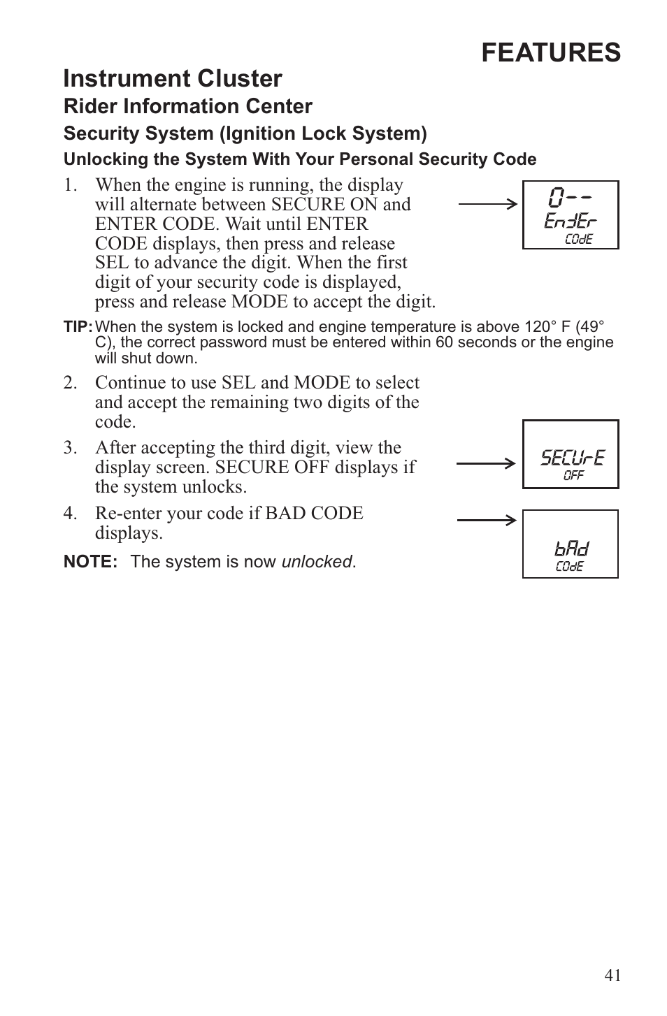 Features, Instrument cluster | Polaris 2013 600 Switchback User Manual | Page 45 / 143