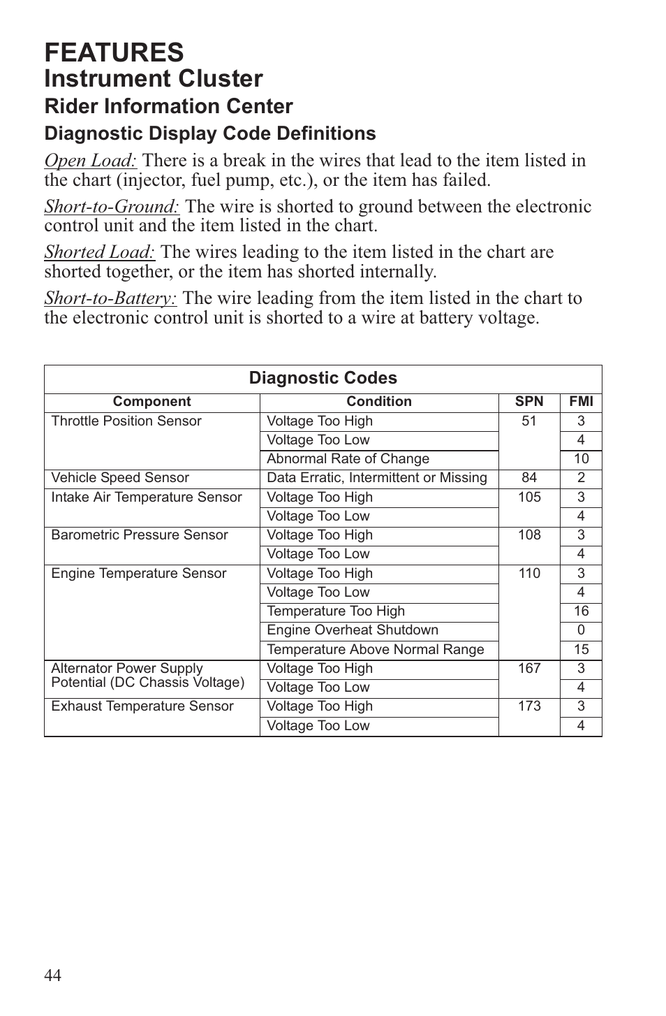Features, Instrument cluster, Rider information center | Diagnostic codes | Polaris 2013 600 Switchback User Manual | Page 48 / 143