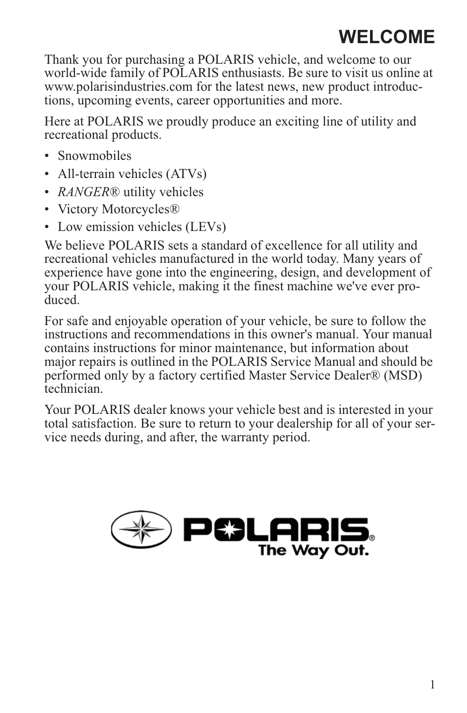 Welcome | Polaris 2013 600 Switchback User Manual | Page 5 / 143