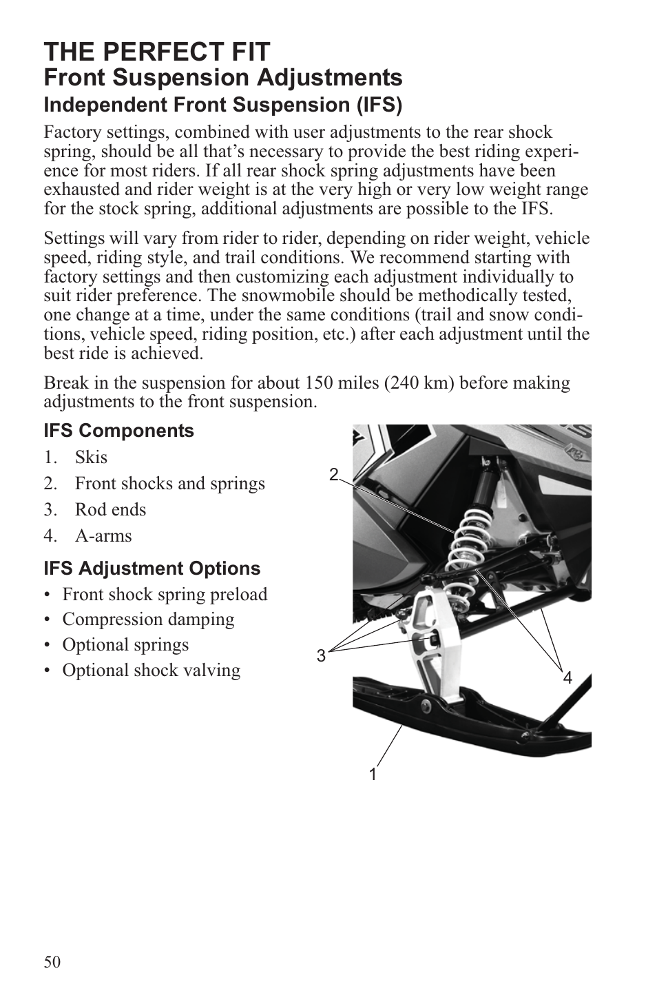 The perfect fit, Front suspension adjustments | Polaris 2013 600 Switchback User Manual | Page 54 / 143