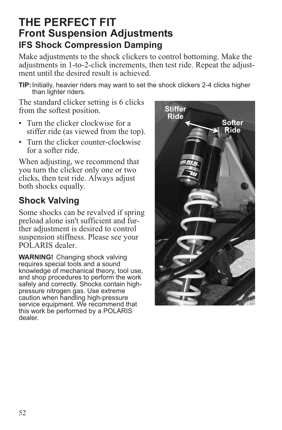 The perfect fit, Front suspension adjustments | Polaris 2013 600 Switchback User Manual | Page 56 / 143