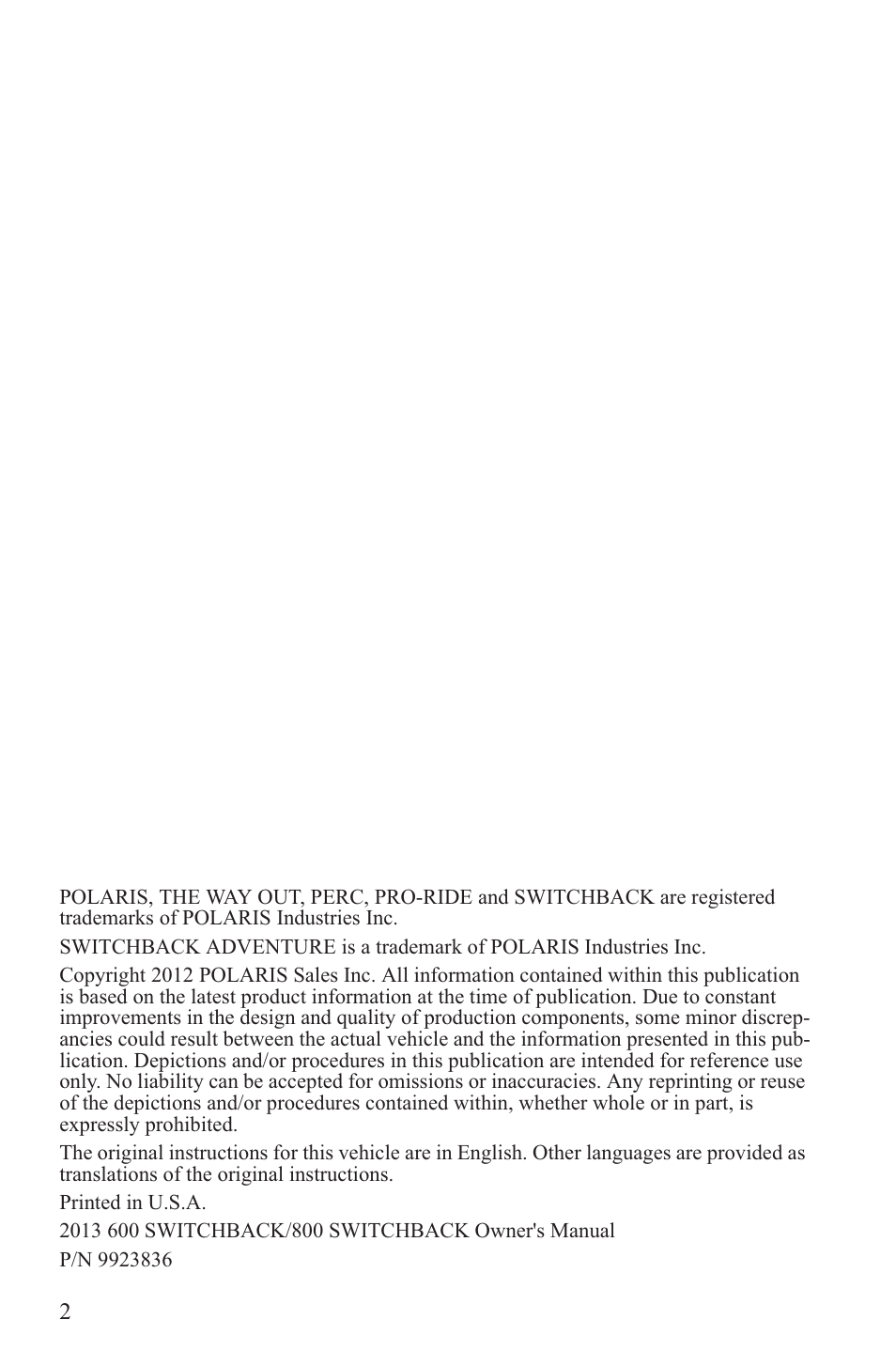 Polaris 2013 600 Switchback User Manual | Page 6 / 143