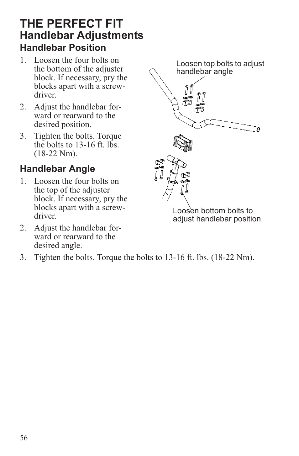 The perfect fit, Handlebar adjustments | Polaris 2013 600 Switchback User Manual | Page 60 / 143