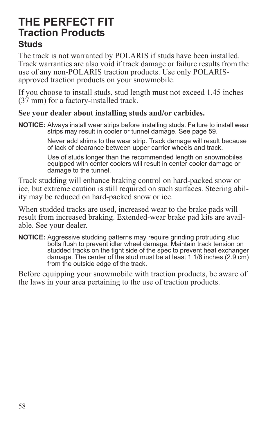 The perfect fit, Traction products, Studs | Polaris 2013 600 Switchback User Manual | Page 62 / 143