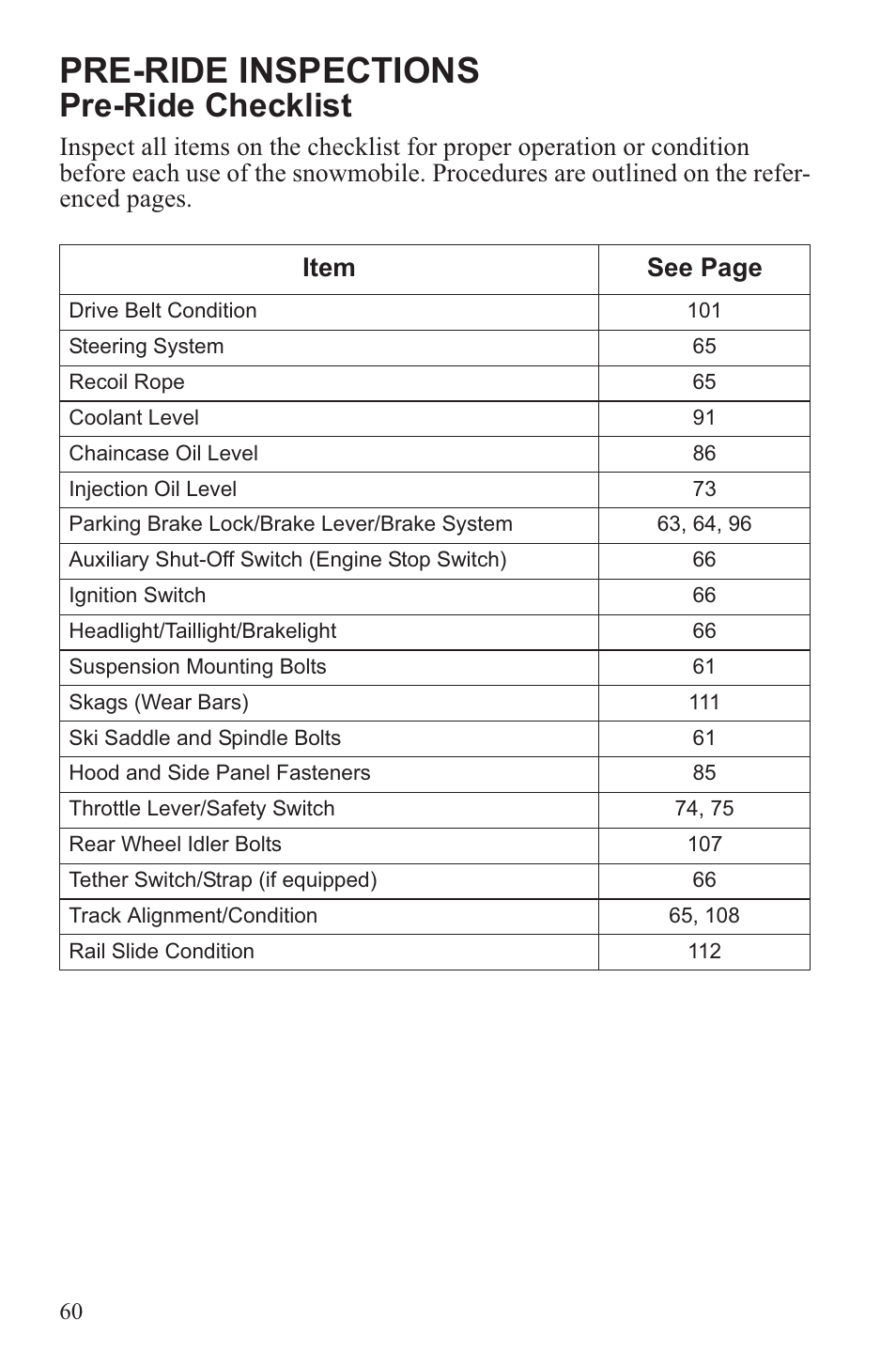 Pre-ride inspections, Pre-ride checklist | Polaris 2013 600 Switchback User Manual | Page 64 / 143
