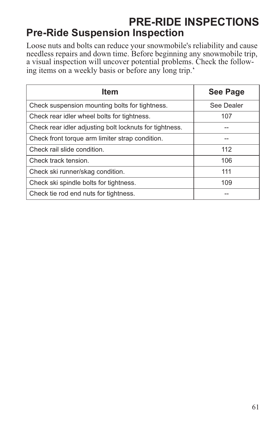 Pre-ride inspections, Pre-ride suspension inspection | Polaris 2013 600 Switchback User Manual | Page 65 / 143