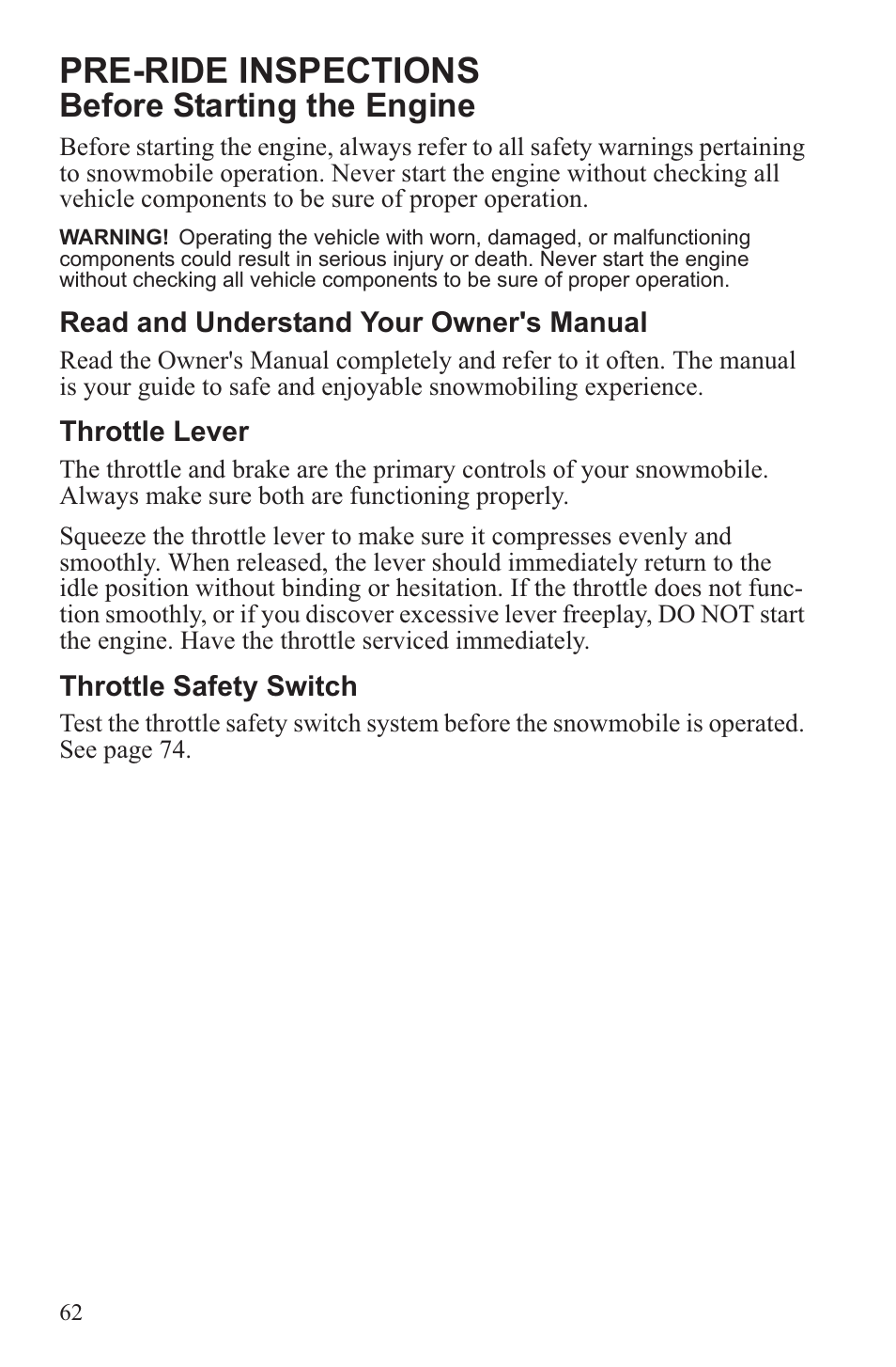 Pre-ride inspections, Before starting the engine | Polaris 2013 600 Switchback User Manual | Page 66 / 143