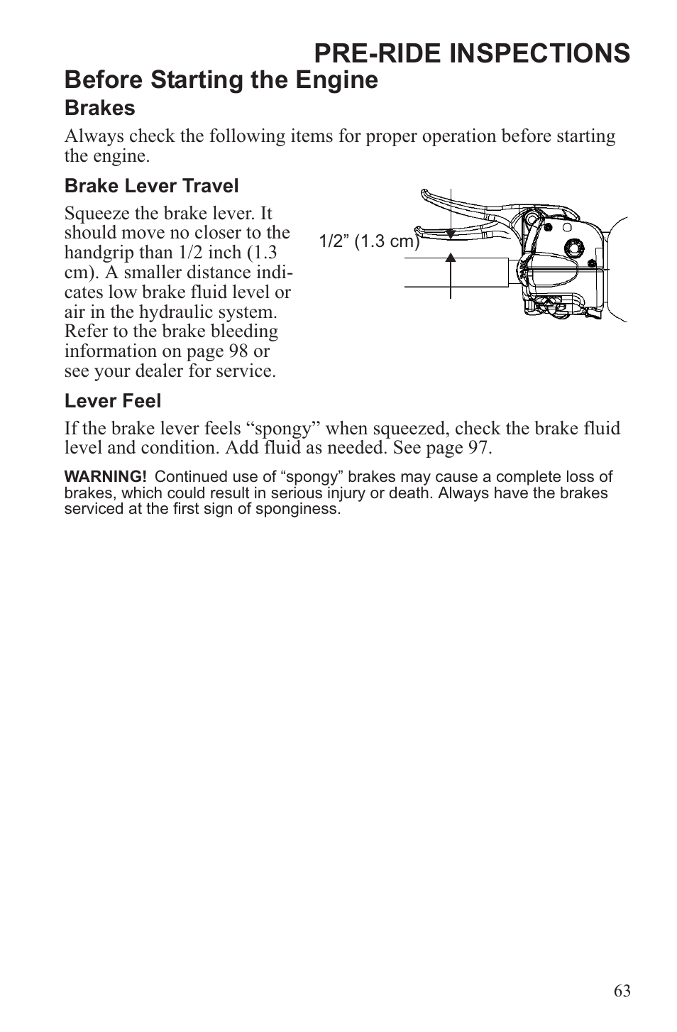 Pre-ride inspections, Before starting the engine | Polaris 2013 600 Switchback User Manual | Page 67 / 143