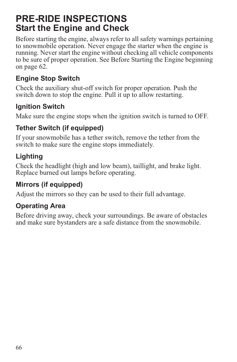 Pre-ride inspections, Start the engine and check | Polaris 2013 600 Switchback User Manual | Page 70 / 143