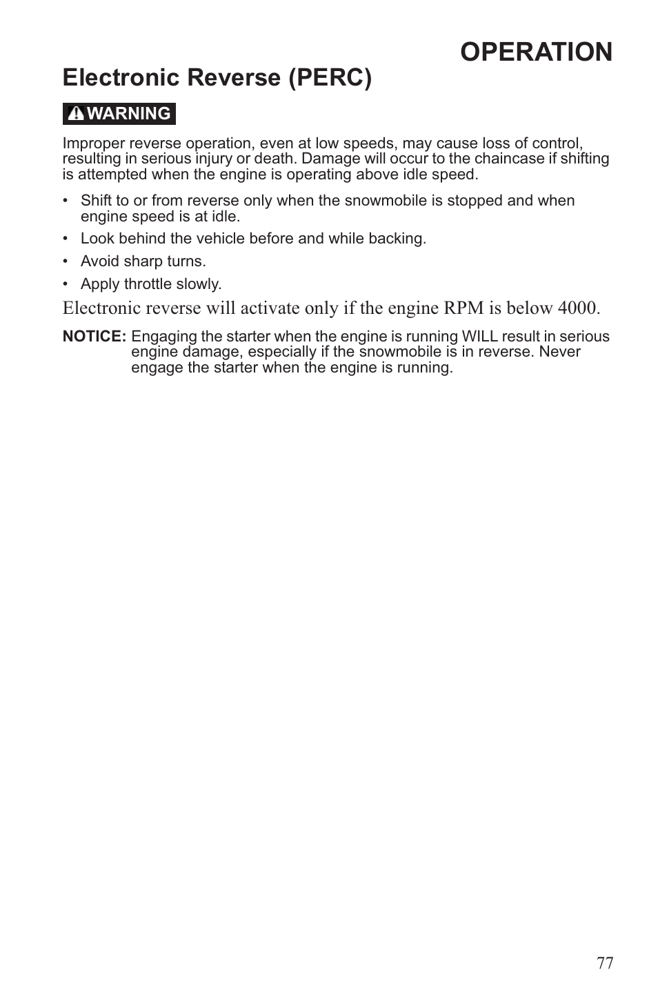 Operation, Electronic reverse (perc) | Polaris 2013 600 Switchback User Manual | Page 81 / 143