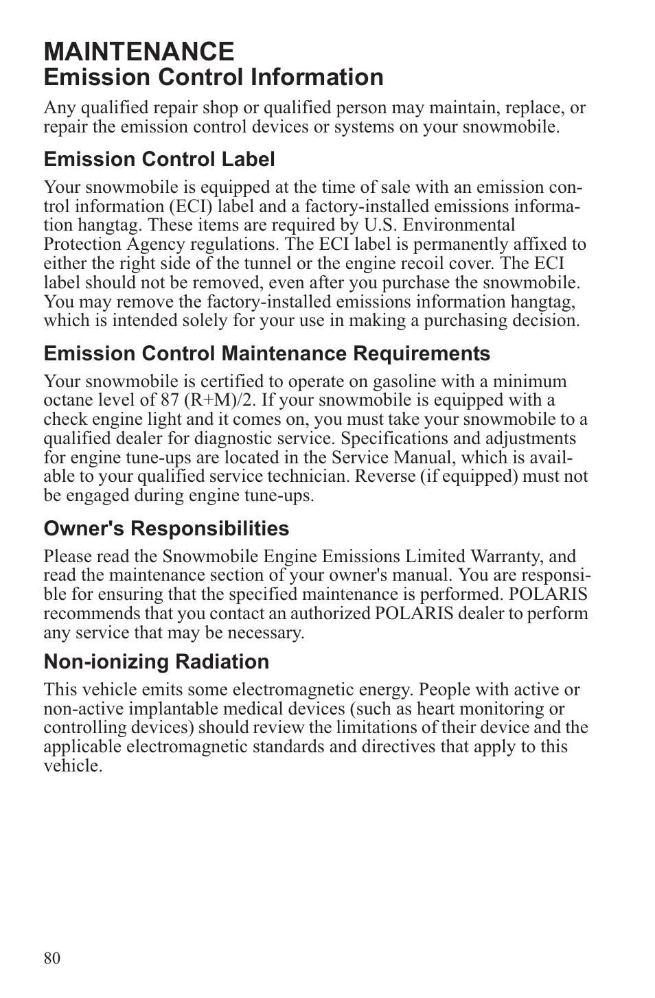 Maintenance, Emission control information | Polaris 2013 600 Switchback User Manual | Page 84 / 143