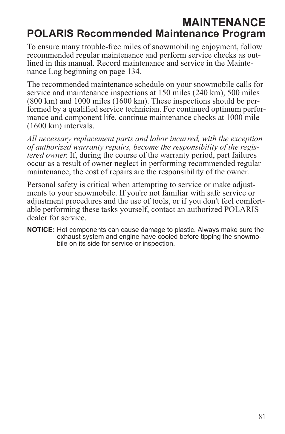 Maintenance, Polaris recommended maintenance program | Polaris 2013 600 Switchback User Manual | Page 85 / 143