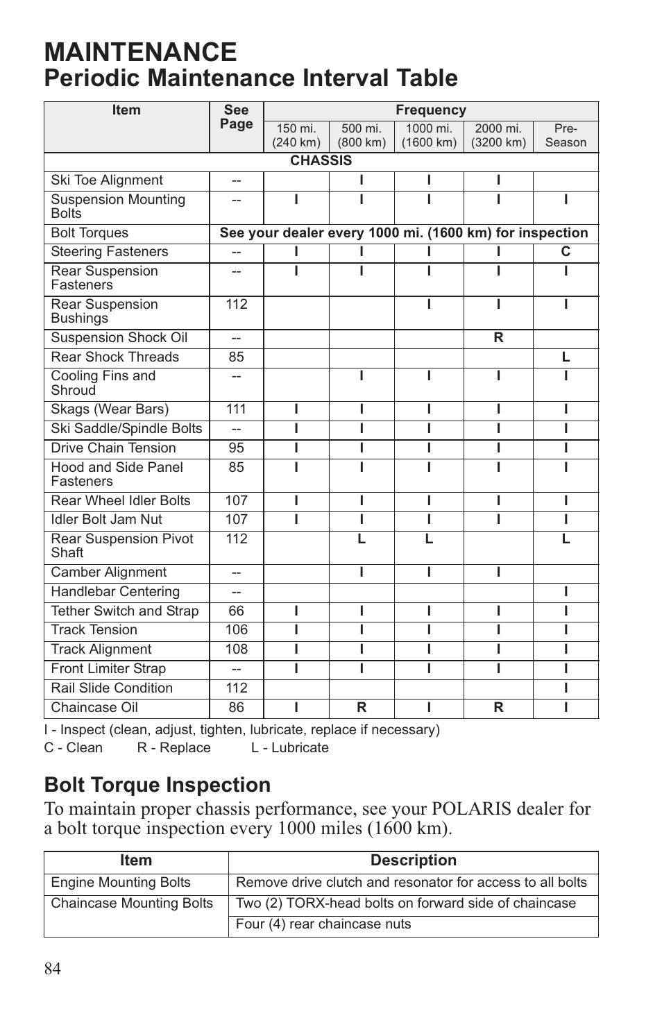 Maintenance, Periodic maintenance interval table, Bolt torque inspection | Polaris 2013 600 Switchback User Manual | Page 88 / 143