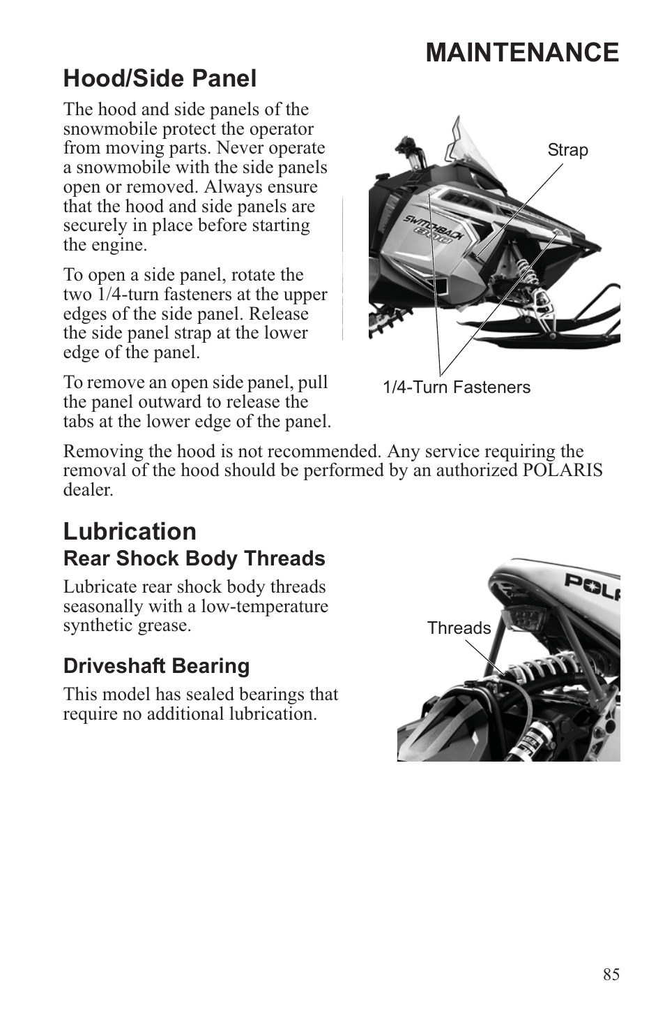 Maintenance, Hood/side panel, Lubrication | Polaris 2013 600 Switchback User Manual | Page 89 / 143