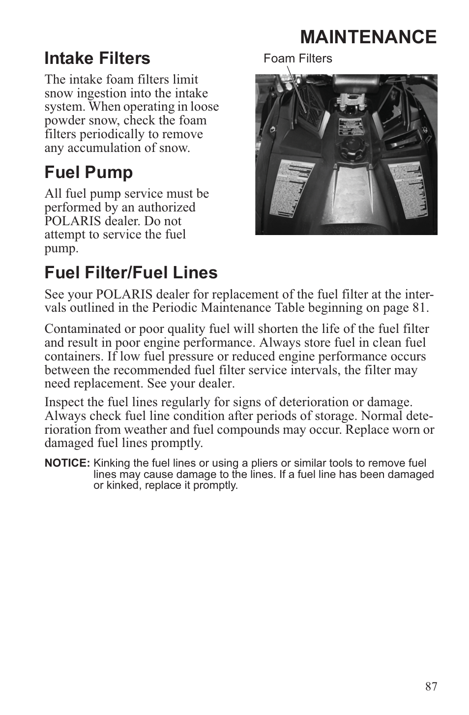 Maintenance, Intake filters, Fuel pump | Fuel filter/fuel lines | Polaris 2013 600 Switchback User Manual | Page 91 / 143
