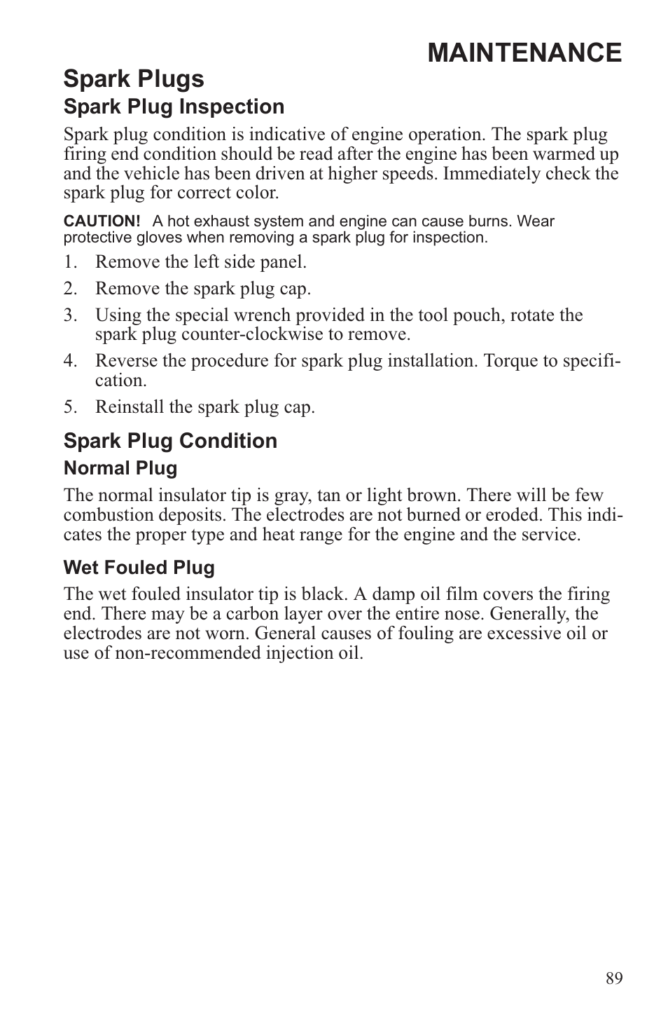 Maintenance, Spark plugs | Polaris 2013 600 Switchback User Manual | Page 93 / 143