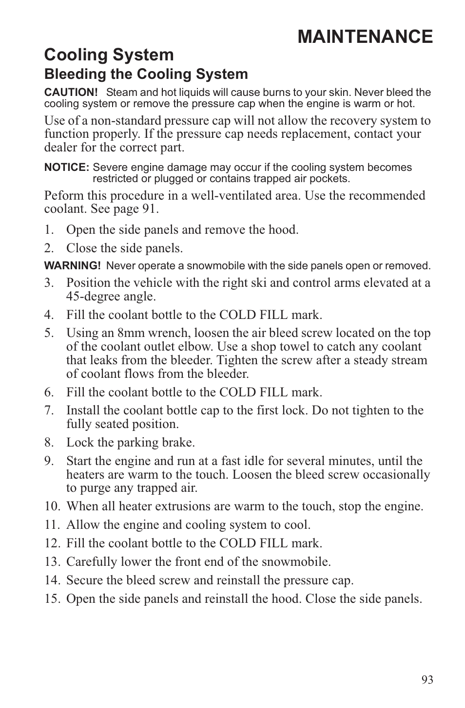 Maintenance, Cooling system | Polaris 2013 600 Switchback User Manual | Page 97 / 143