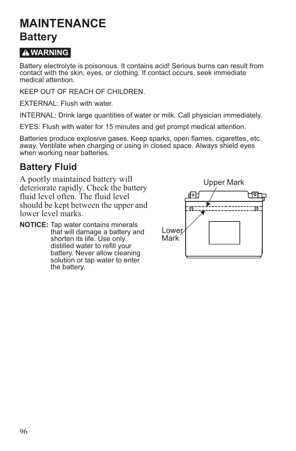 Maintenance, Battery, Battery fluid | Polaris 2013 WideTrak LX User Manual | Page 100 / 131