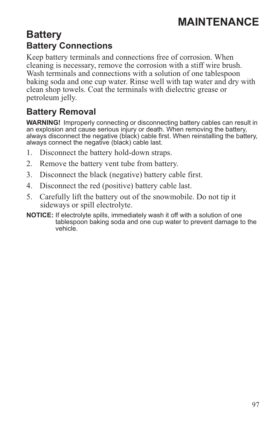 Maintenance, Battery | Polaris 2013 WideTrak LX User Manual | Page 101 / 131