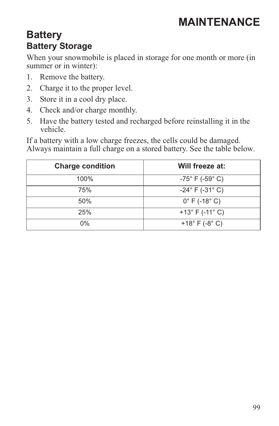 Maintenance, Battery, Battery storage | Polaris 2013 WideTrak LX User Manual | Page 103 / 131