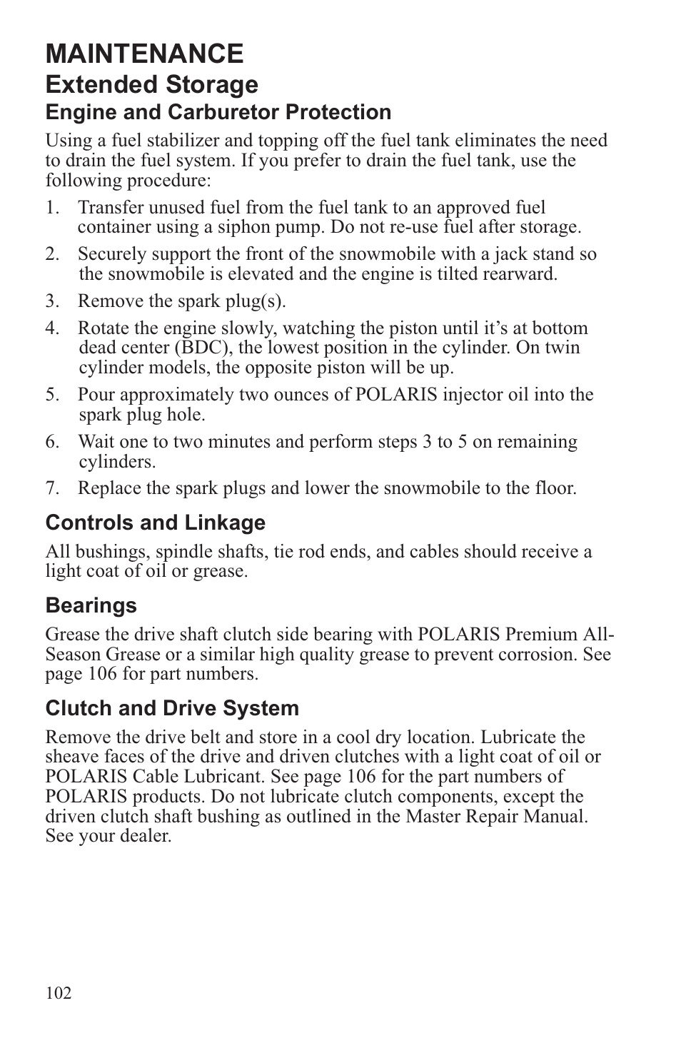 Maintenance, Extended storage | Polaris 2013 WideTrak LX User Manual | Page 106 / 131