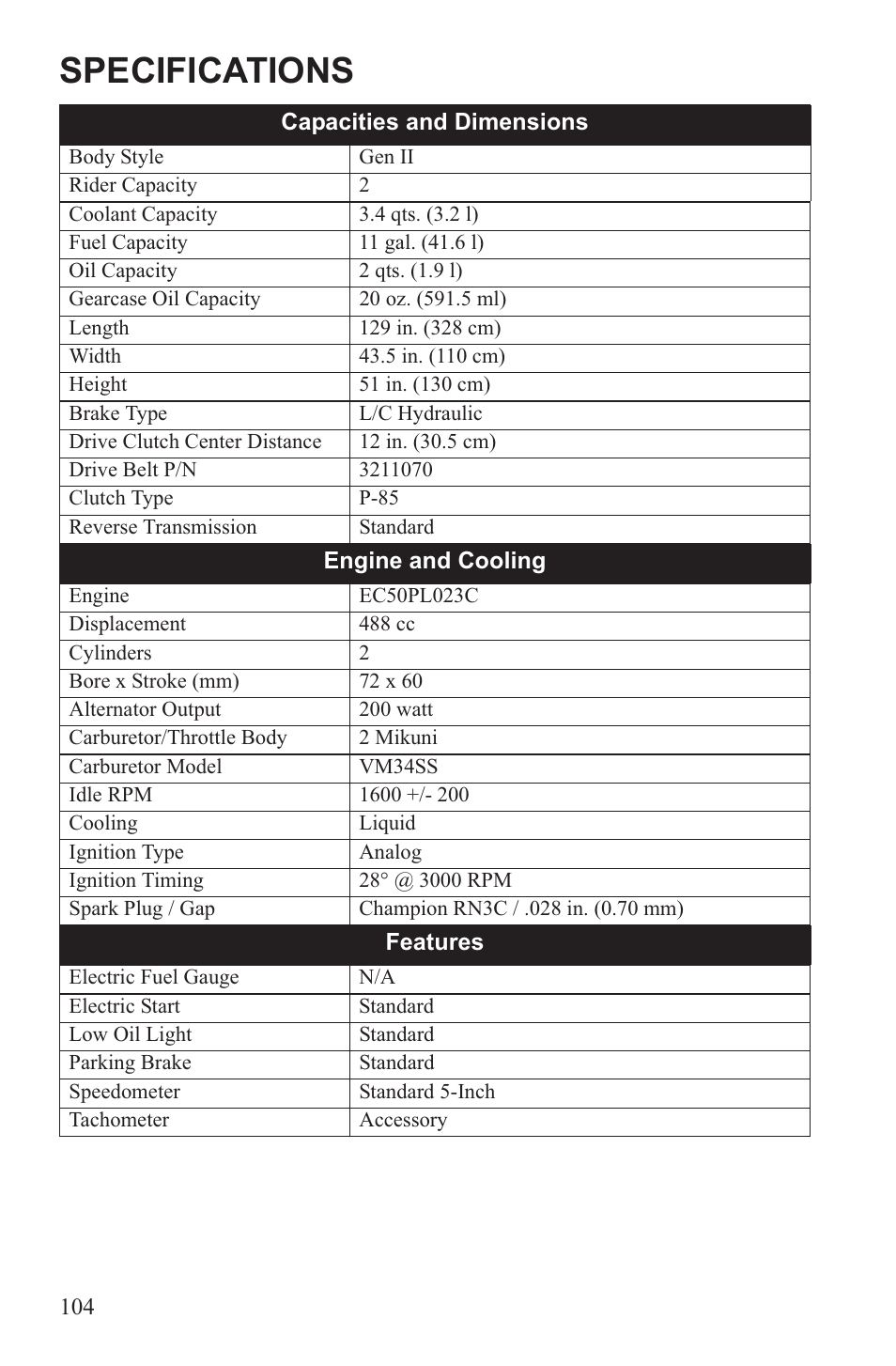 Specifications | Polaris 2013 WideTrak LX User Manual | Page 108 / 131