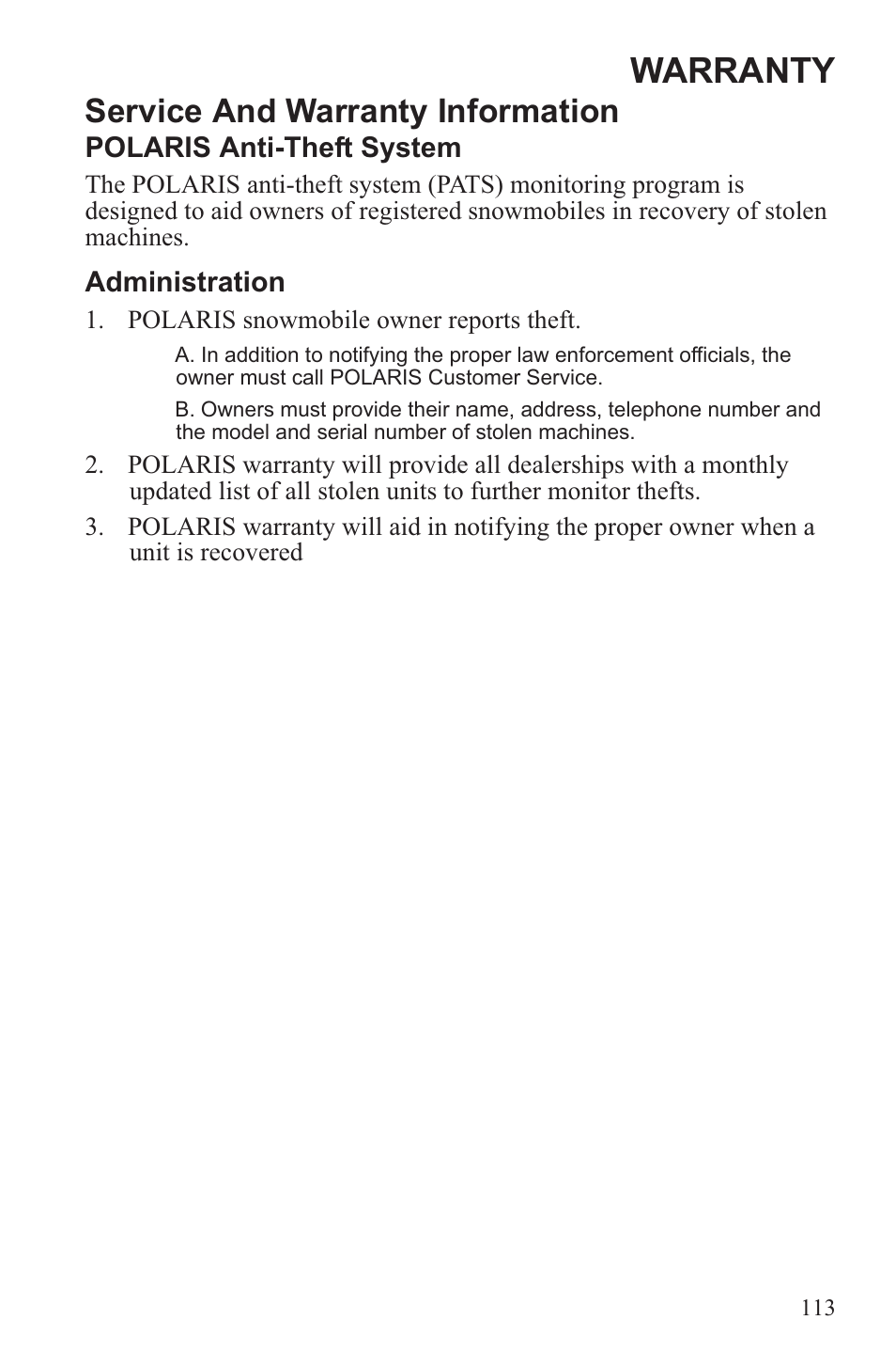 Warranty, Service and warranty information | Polaris 2013 WideTrak LX User Manual | Page 117 / 131