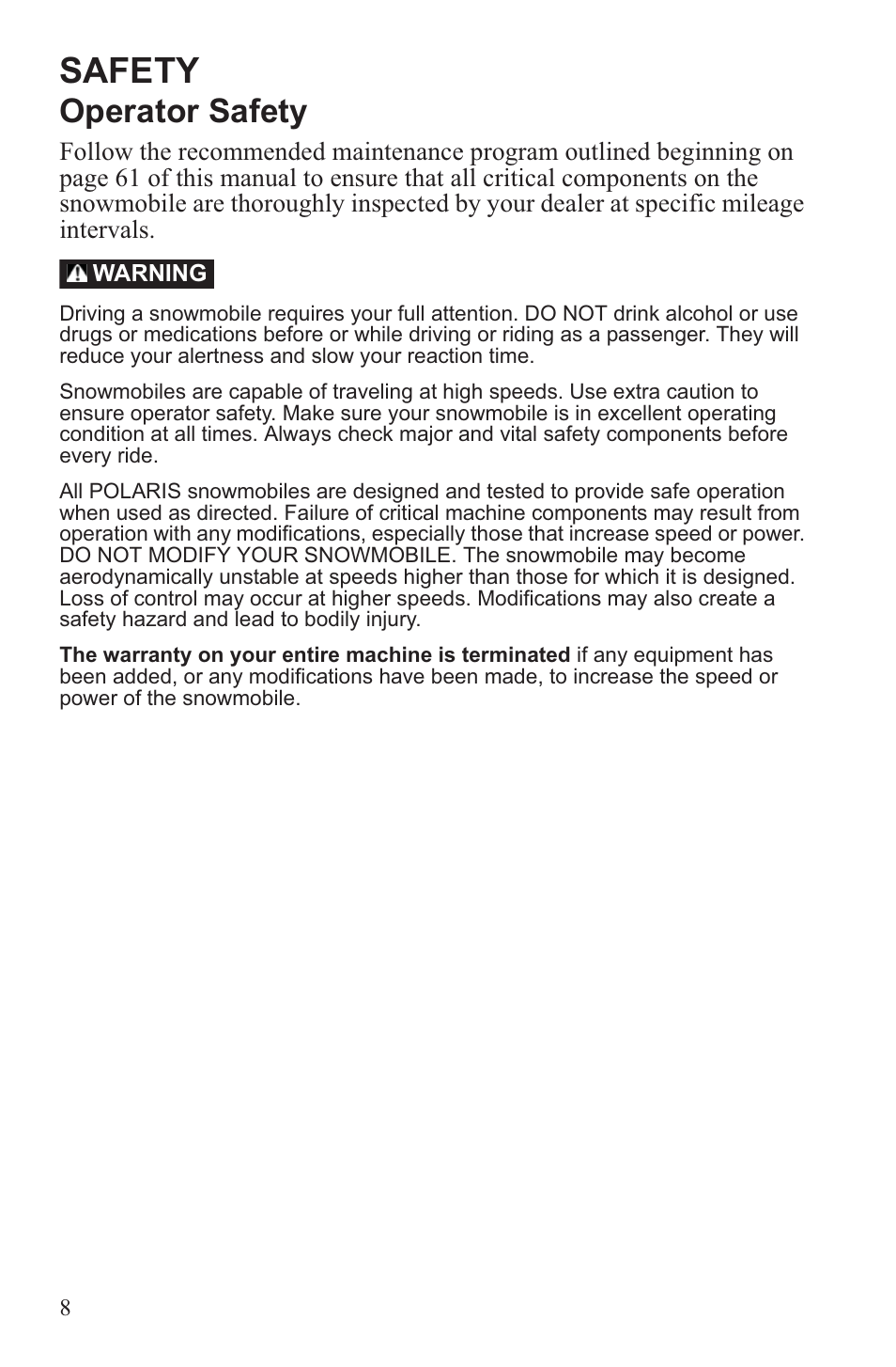 Safety, Operator safety | Polaris 2013 WideTrak LX User Manual | Page 12 / 131