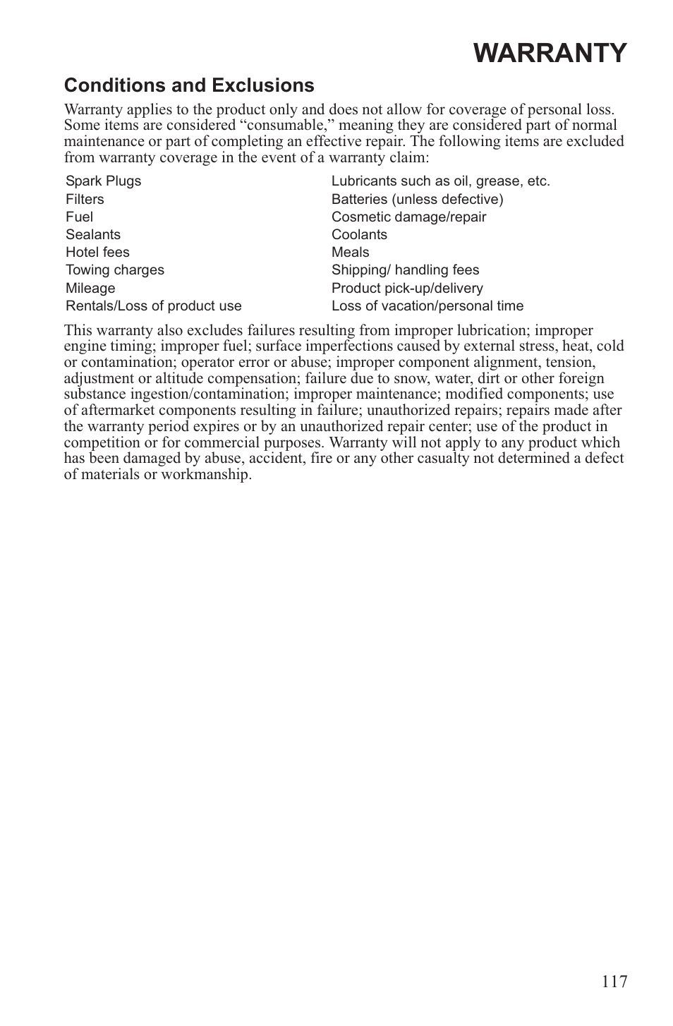 Warranty, Conditions and exclusions | Polaris 2013 WideTrak LX User Manual | Page 121 / 131