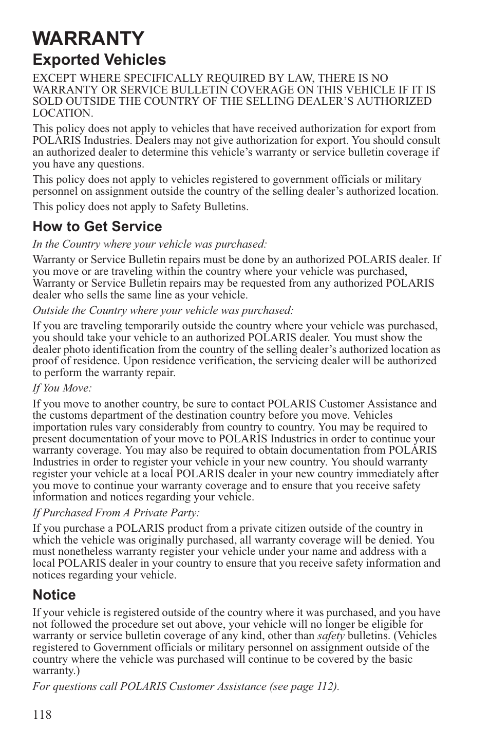 Warranty, Exported vehicles | Polaris 2013 WideTrak LX User Manual | Page 122 / 131