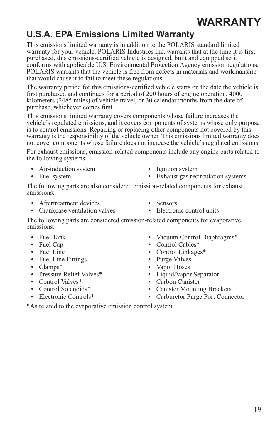 Warranty, U.s.a. epa emissions limited warranty | Polaris 2013 WideTrak LX User Manual | Page 123 / 131