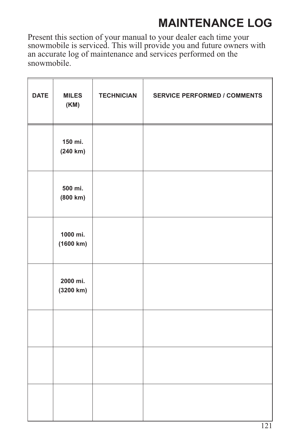 Maintenance log | Polaris 2013 WideTrak LX User Manual | Page 125 / 131