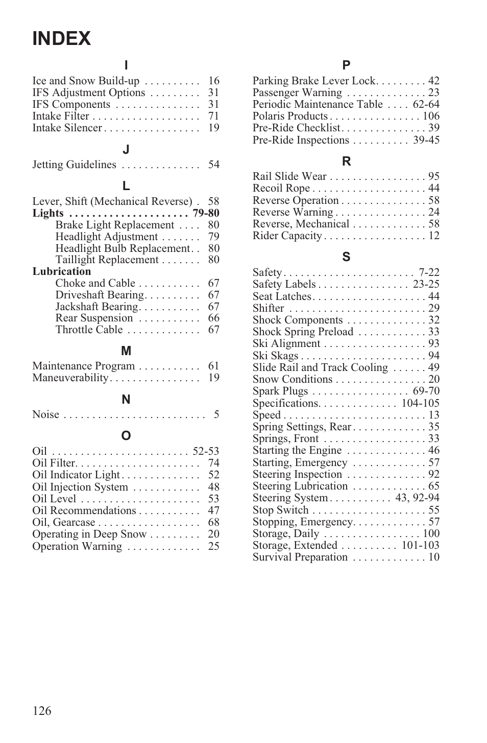 Index | Polaris 2013 WideTrak LX User Manual | Page 130 / 131