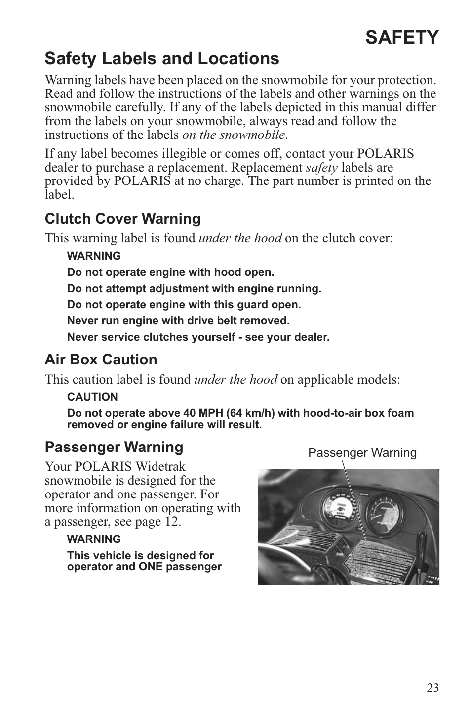 Safety, Safety labels and locations, Clutch cover warning | Air box caution, Passenger warning | Polaris 2013 WideTrak LX User Manual | Page 27 / 131