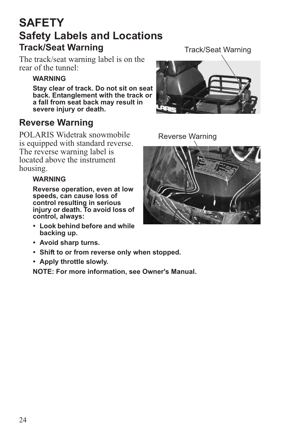 Safety, Safety labels and locations, Track/seat warning | Reverse warning | Polaris 2013 WideTrak LX User Manual | Page 28 / 131