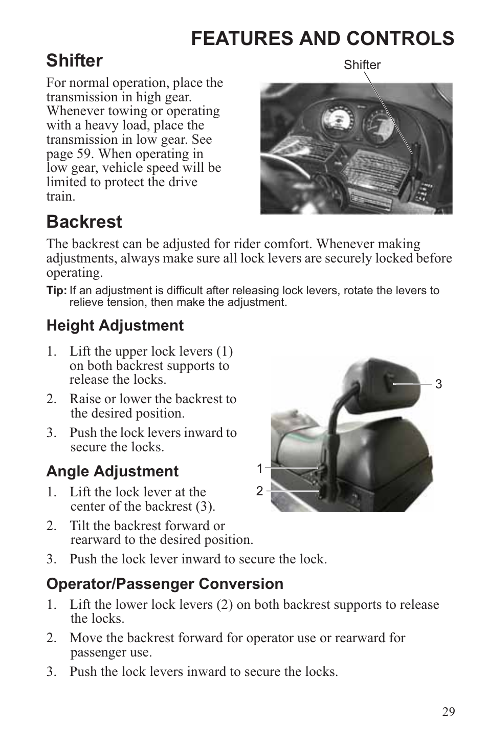 Features and controls, Shifter, Backrest | Polaris 2013 WideTrak LX User Manual | Page 33 / 131