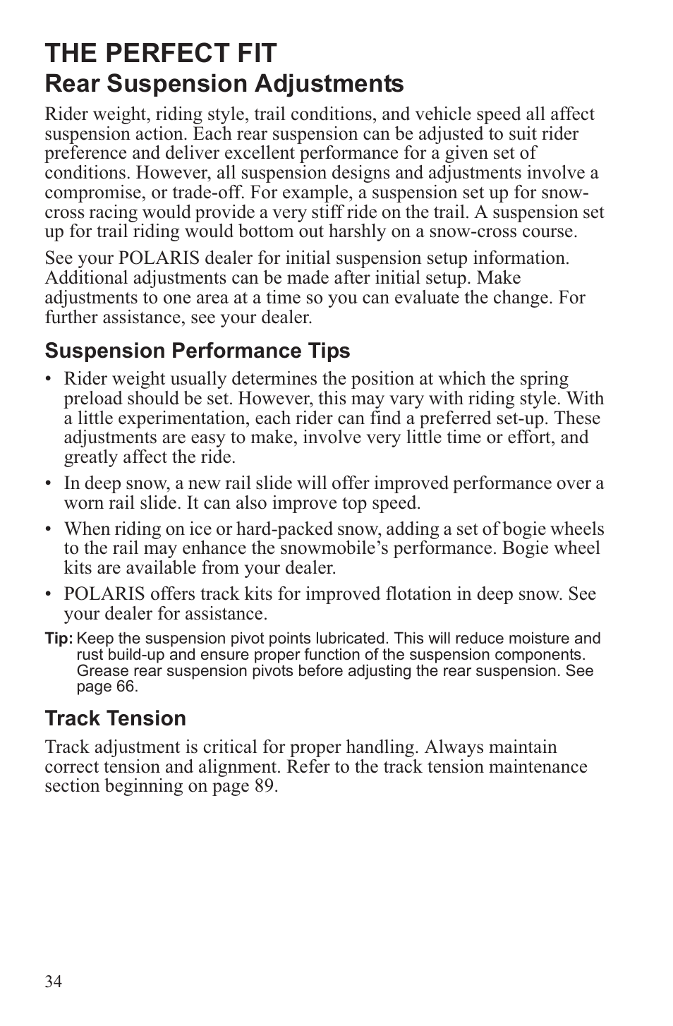 The perfect fit, Rear suspension adjustments | Polaris 2013 WideTrak LX User Manual | Page 38 / 131